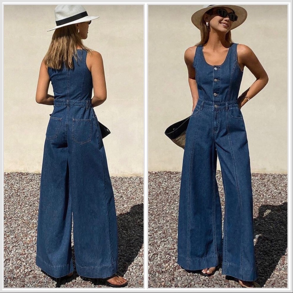 Sleeveless Wide-Leg Denim Overalls — Blue
